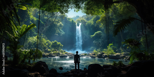 Fototapeta Naklejka Na Ścianę i Meble -  Man beside a jungle waterfall, surrounded by lush greenery
