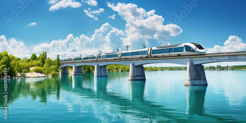 A train making its way across a water bridge
