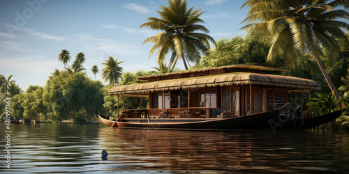 Houseboat gently floating by a riverside palm photo