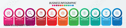Simple infographic 11 parts or options, simple design with circles and square solid lines with colorful, icons, text and numbers, for presentations, flow diagrams and your business