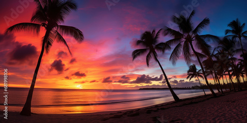 Sunset skies framing palm trees along the beach photo