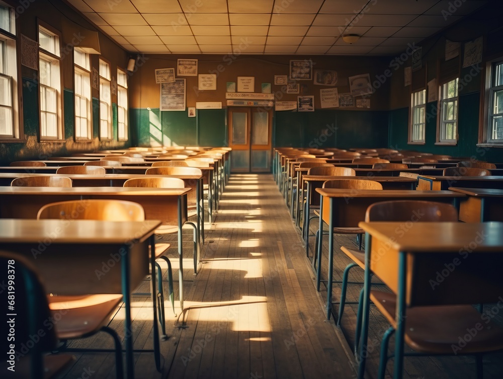 Empty Classroom with Sunlight Casting Warm Hues
