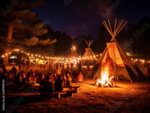 Twilight Glow at a Tipi Campsite with Gathered Guests