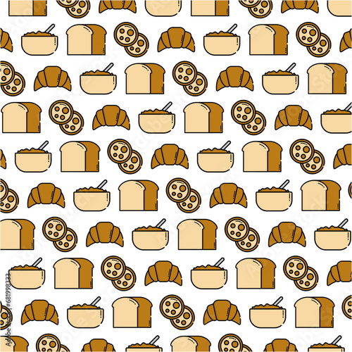 "A pattern of bread and coffee" is a design asset featuring a repeating pattern of bread slices and coffee cups. This asset is perfect for creating food-related graphics menu designs