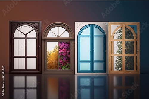 Windows doora fferent types window door construction building house design architecture glasses wood home white frame industrial plastic installation bow casement background wooden awning fixture photo
