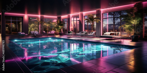 Neon lighting over a pool inside a living room