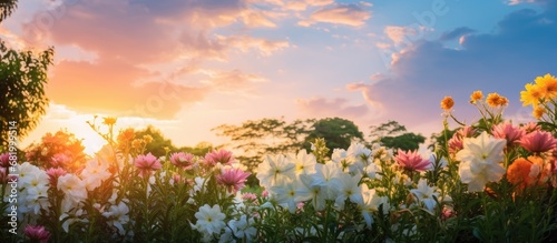 In the beautiful garden, the sky was a vibrant blue adorned with fluffy white clouds, as the summer sun set, casting a golden glow on the flowers, grass, and leaves, creating a harmonious color