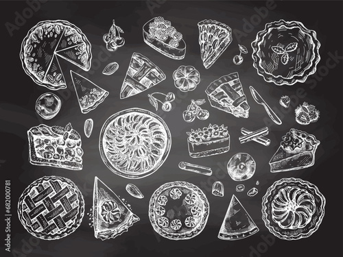 Hand-drawn vintage set of traditional cakes, tarts and pies sketch on chalkboard background. Top view. Vector collection of ink baking illustration. Food for Thanksgiving, Christmas.