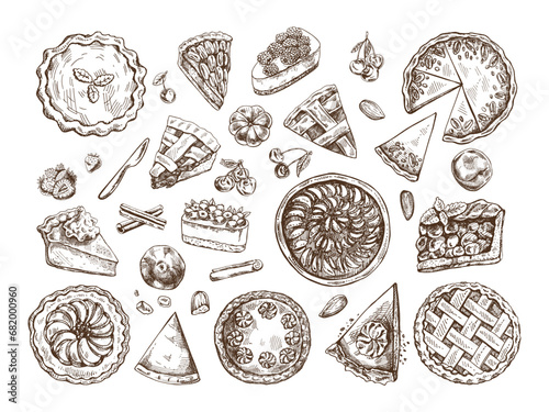 Hand-drawn vintage set of traditional cakes, tarts and pies sketch. Sweet bakery, fruit, berries. Top view. Vector collection of ink baking illustration. Food for Thanksgiving, Christmas.