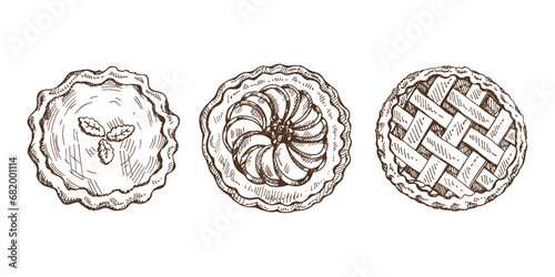 Hand-drawn vintage set of traditional cakes and pies sketch. Sweet bakery, fruit, berries, pumpkin. Top view. Vector collection of ink baking illustration. Food for Thanksgiving, Christmas.