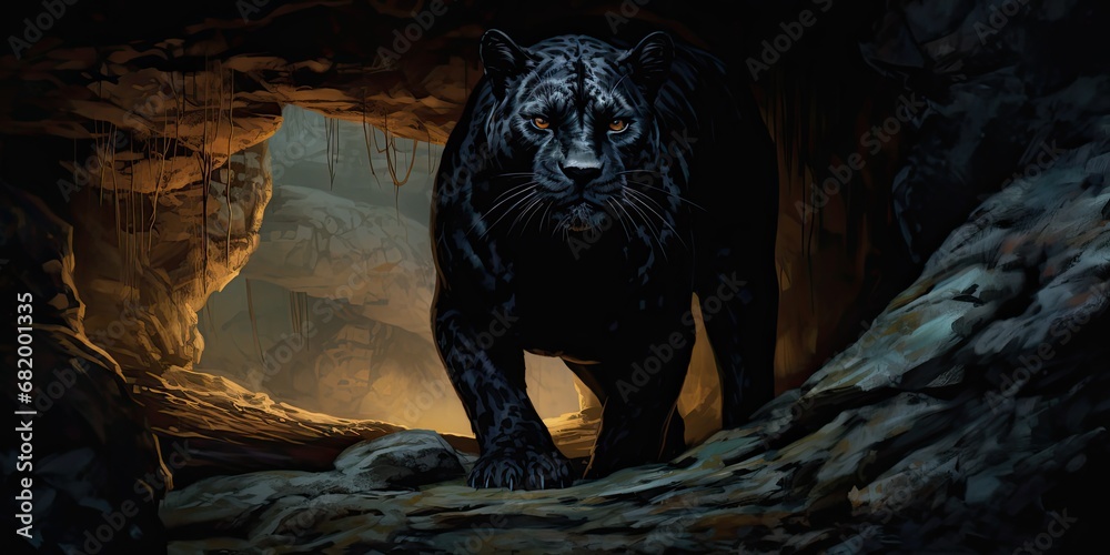 illustration of the black panther standing in the cave, generative AI illustration of the black panther standing in the cave, generative AI