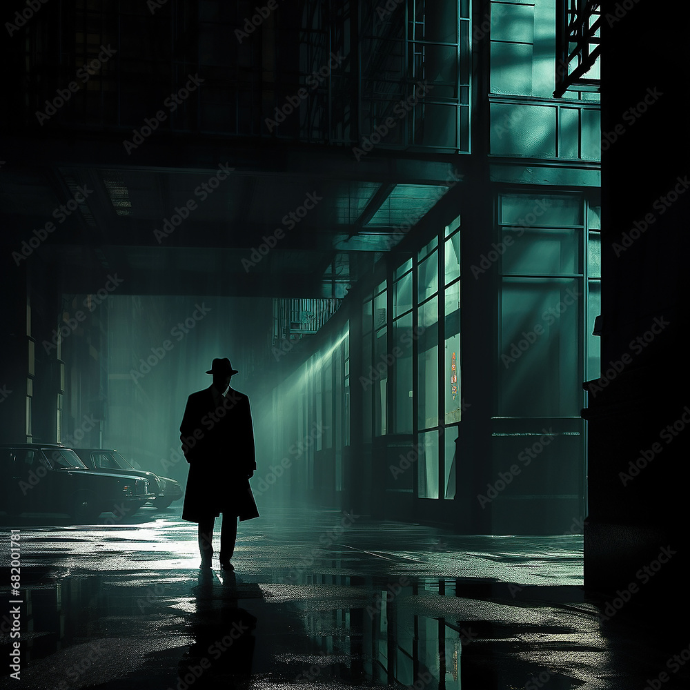 Moody, atmospheric, neo noir image of man standing in the shadows of a building Moody, atmospheric, neo noir image of man standing in the shadows of a building