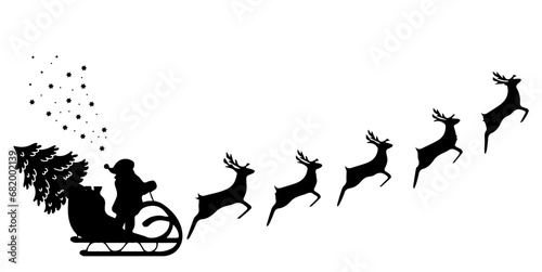 Santa Dears on a sleigh with a Christmas tree on reindeer. Christmas artwork black and white