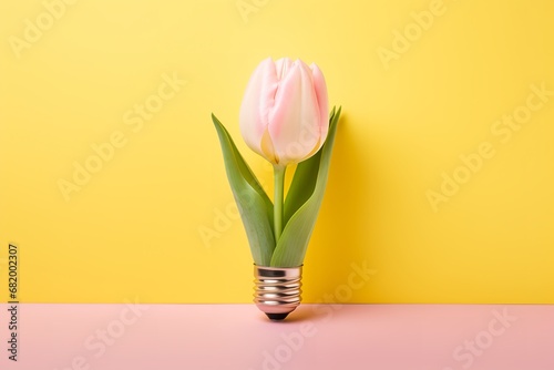 A tulip growing out of a light bulb on a yellow and pink background is a surreal and whimsical image that symbolizes hope and new beginnings. The bright tulip and cheerful colors evoke feelings #682002307