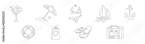Hand Drawn Summer Travel and Vacation Elements Vector Set