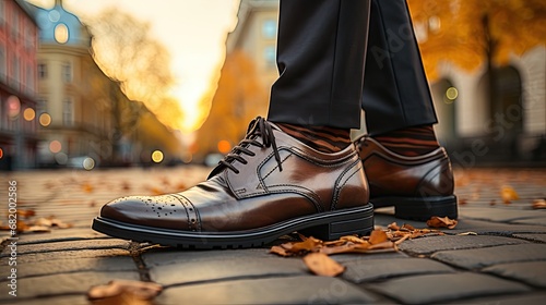 Men's classic leather shoes on the road sidewalk close-up, concept business finance style fashion and traffic in the big city