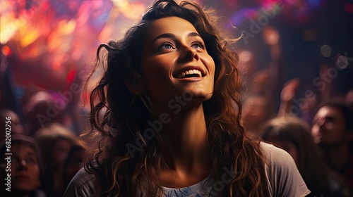Young smiling happy woman rejoicing at party concert on blurred confetti background