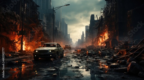Destroyed modern big city with collapsed bombed buildings and structures blown up by cars in the battle on the battlefield in the war