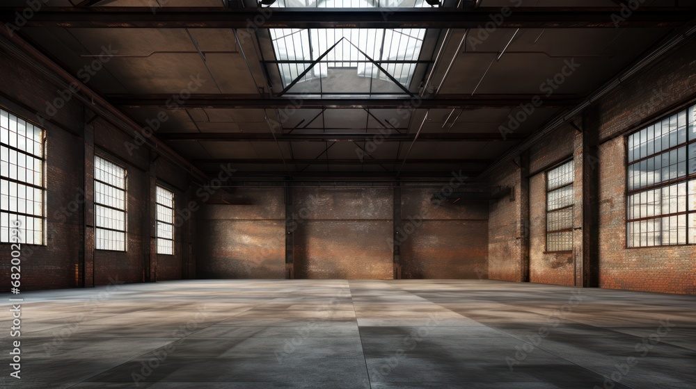 Empty old warehouse interior with brick walls, concrete floor, and a black steel roof structure Empty old warehouse interior with brick walls, concrete floor, and a black steel roof structure