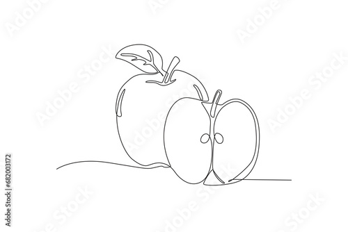 Single one line drawing sliced healthy organic apple. Fresh tropical fruitage concept for fruit garden icon. Modern continuous line graphic draw design vector illustration