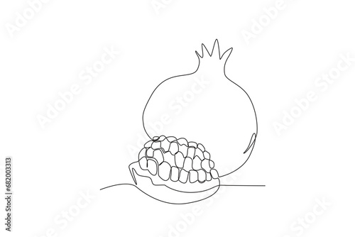Single one line drawing sliced healthy organic pomegranate. Fresh tropical fruitage concept for fruit garden icon. Modern continuous line graphic draw design vector illustration