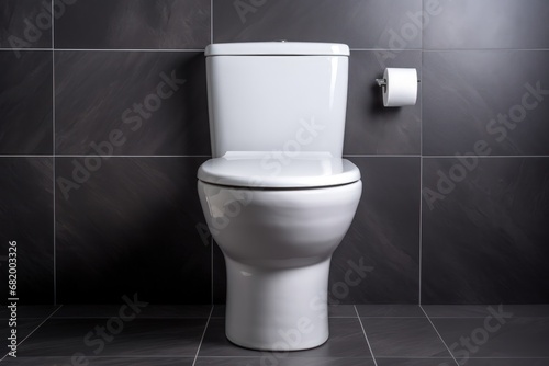 Ceramic white toilet bowl near a grey wall