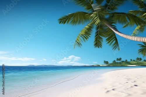 tropical beach view at sunny day with white sand, turquoise water and palm tree, neural network generated image © lucky pics