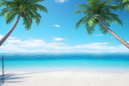 tropical beach view at sunny day with white sand, turquoise water and palm tree, neural network generated image