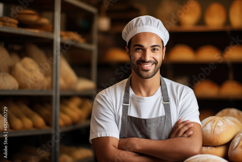 Man baker standing among background of bread shelf photo