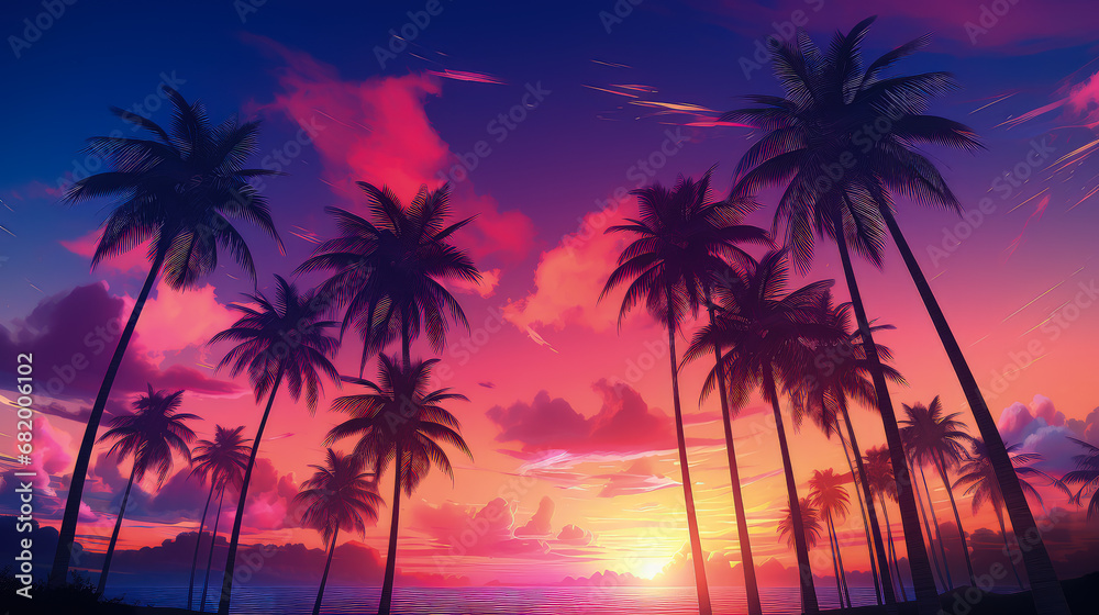 Retro style tropical sunset with palm trees. 