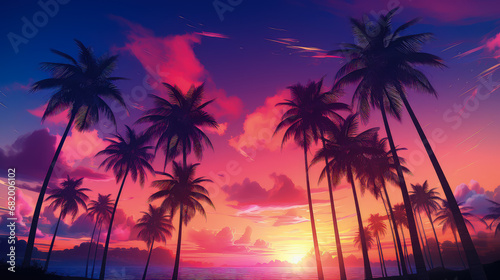 Retro style tropical sunset with palm trees.  © Karim Boiko