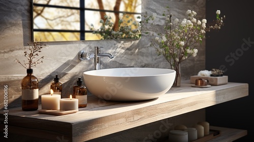 Stylish designer fashionable white basin in the gray bathroom