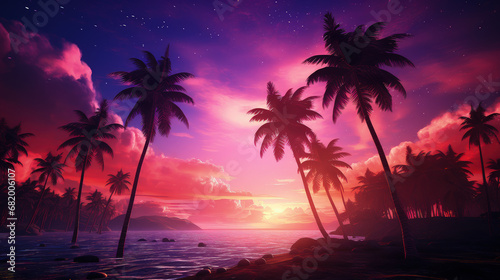 Retro style tropical sunset with palm trees.  photo