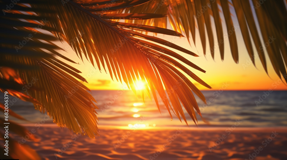 Palm leaves on tropical sunset beach background. Summer and travel concept. Generative ai.