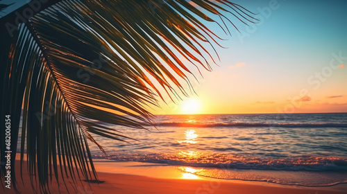 Palm leaves on tropical sunset beach background. Summer and travel concept. Generative ai. © tonktiti