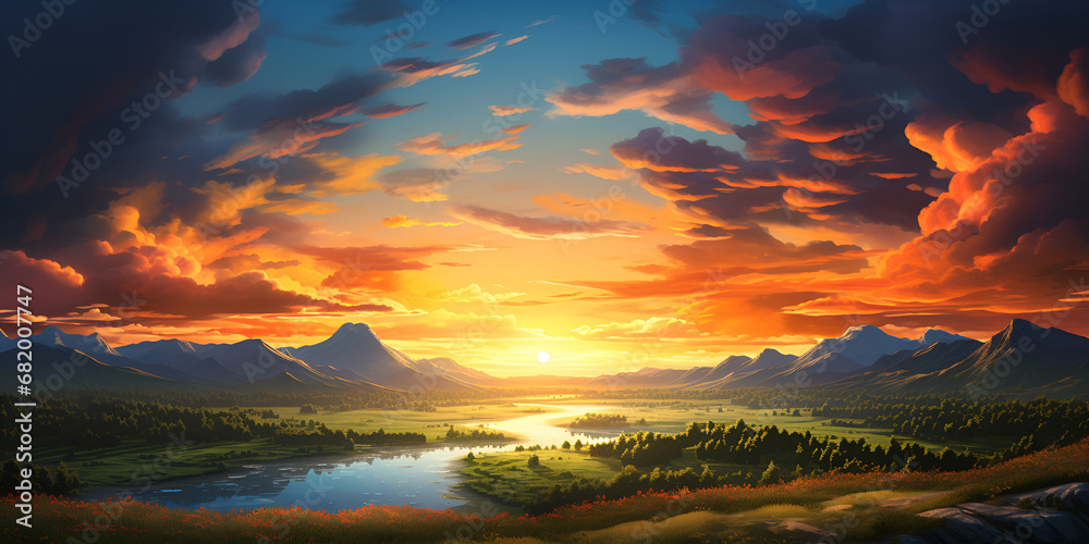  Sunset with Colorful dramatic sky in a  valley with a river and mountains in the background. The Breathtaking Beauty of a Sunset Embracing a Valley's Tranquil Landscape AI Generative 