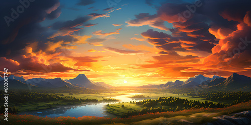 Sunset with Colorful dramatic sky in a valley with a river and mountains in the background. The Breathtaking Beauty of a Sunset Embracing a Valley's Tranquil Landscape AI Generative 