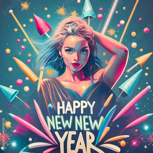 happy new year  illustration woman with fireworks on her back