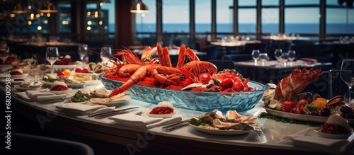 In a luxurious Spanish restaurant, the vibrant red color of the seafood dishes prepared in the kitchen reflects the rich and healthy nutrition found in the fresh sea ingredients from the ocean