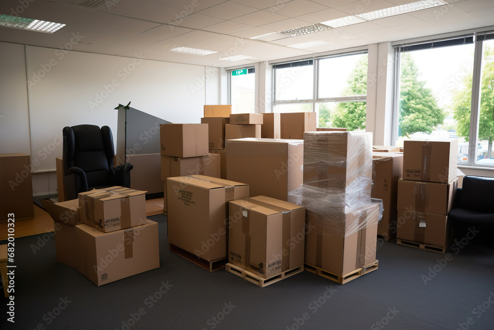 A Office Room Filled with Cardboard Moving Boxes. Generative Ai A Office Room Filled with Cardboard Moving Boxes. Generative Ai