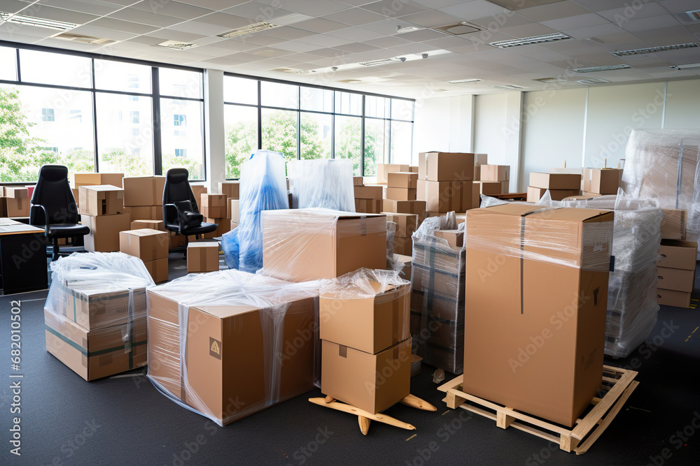 A Office Room Filled with Cardboard Moving Boxes. Generative Ai - obrazy, fototapety, plakaty 