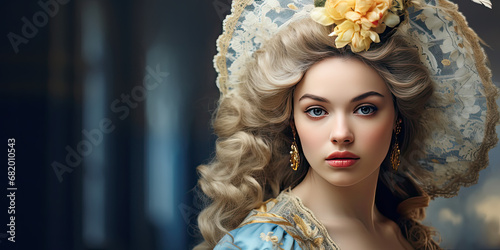 French woman in 18th century costume tones of blue and yellow, generative AI