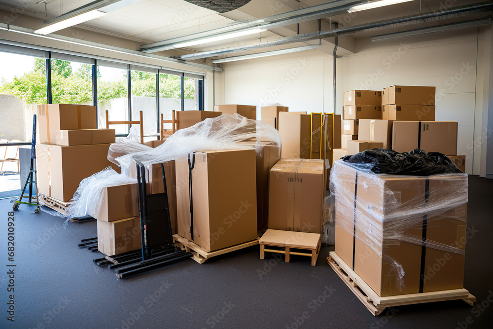 A Office Room Filled with Cardboard Moving Boxes. Generative Ai A Office Room Filled with Cardboard Moving Boxes. Generative Ai