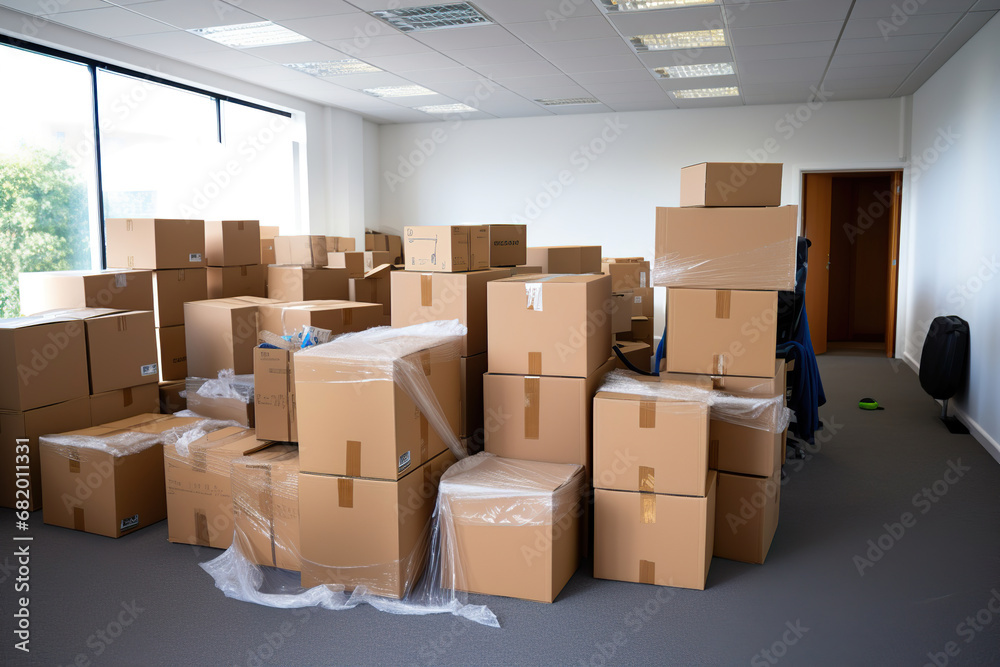A Office Room Filled with Cardboard Moving Boxes. Generative Ai A Office Room Filled with Cardboard Moving Boxes. Generative Ai