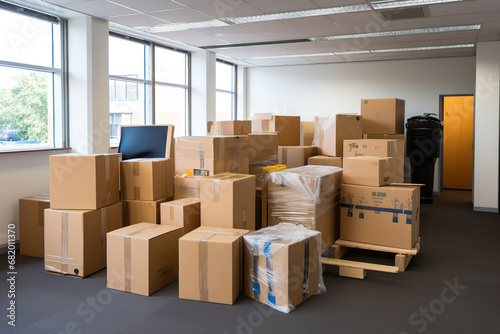 A Office Room Filled with Cardboard Moving Boxes. Generative Ai