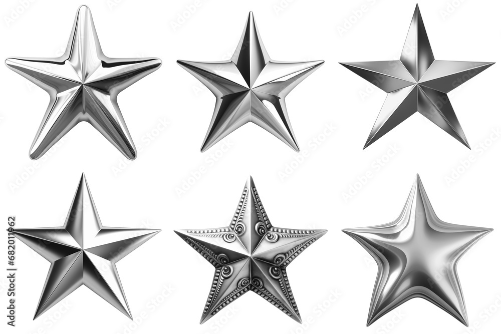 Set of Silver Metal Five-pointed Stars Isolated on White Background Set of Silver Metal Five-pointed Stars Isolated on White Background