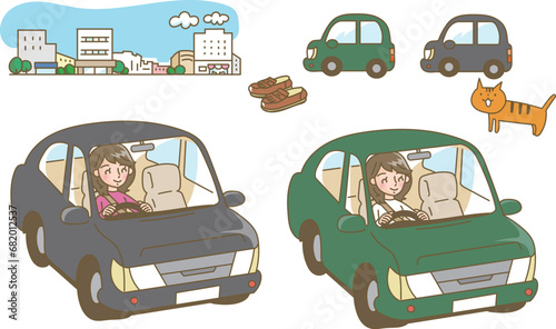 自動車を運転する女性のイラストセット