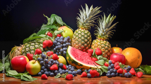 A succulent pineapple and watermelon  vibrant blueberries  a plump tomato  and assorted vegetables and fruits