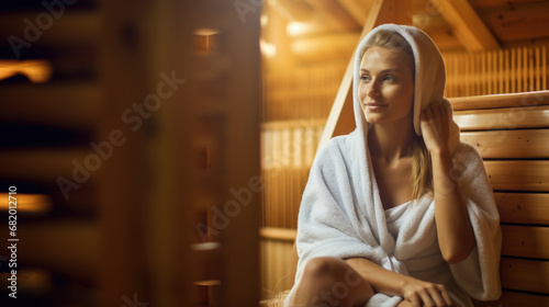 Woman sitting relaxed in a wooden sauna.