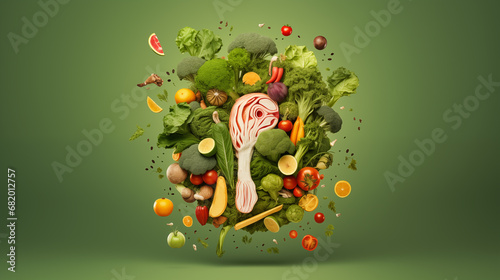 Human brain made of vegetables  salmon and healthy foods. Eco healthy brain consciousness concept on green background